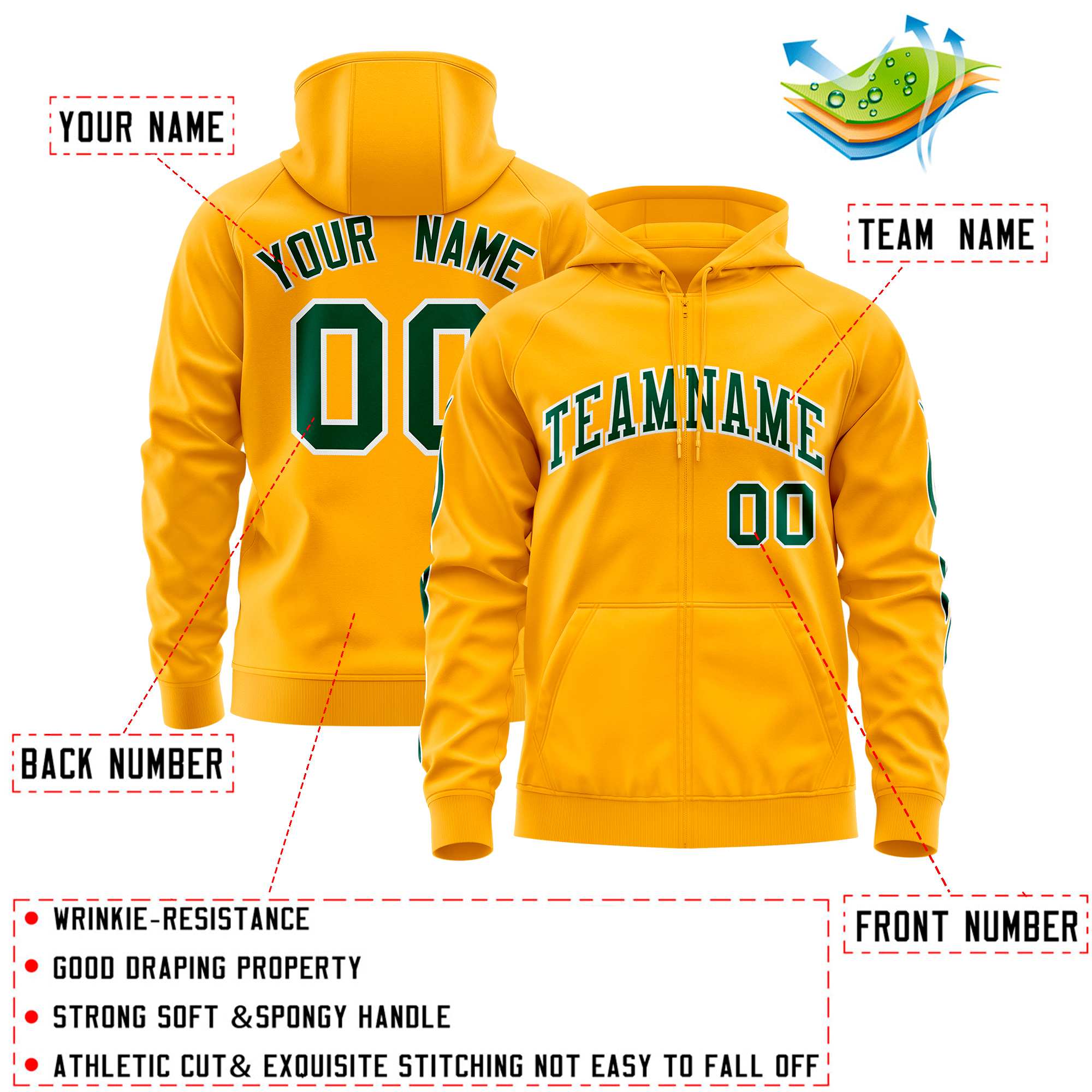 Custom Stitched Gold Green Sports Full-Zip Sweatshirt Hoodie with Flame| KXKSHOP