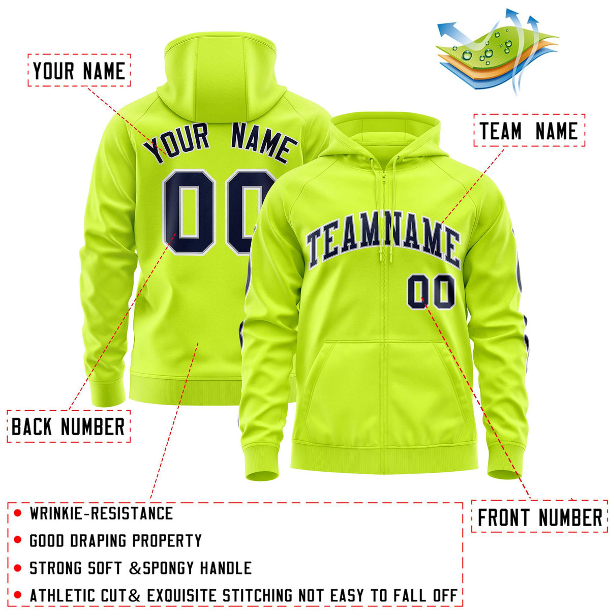 Custom Stitched Neon Green Navy Sports Full-Zip Sweatshirt Hoodie with Flame| KXKSHOP