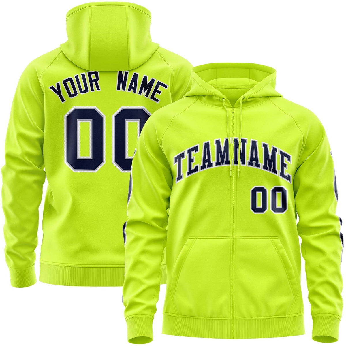 Custom Stitched Neon Green Navy Sports Full-Zip Sweatshirt Hoodie with Flame| KXKSHOP