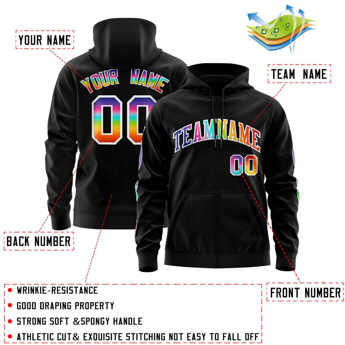 Custom Stitched Black White Sports Full-Zip Sweatshirt Hoodie with Colored Flames| KXKSHOP