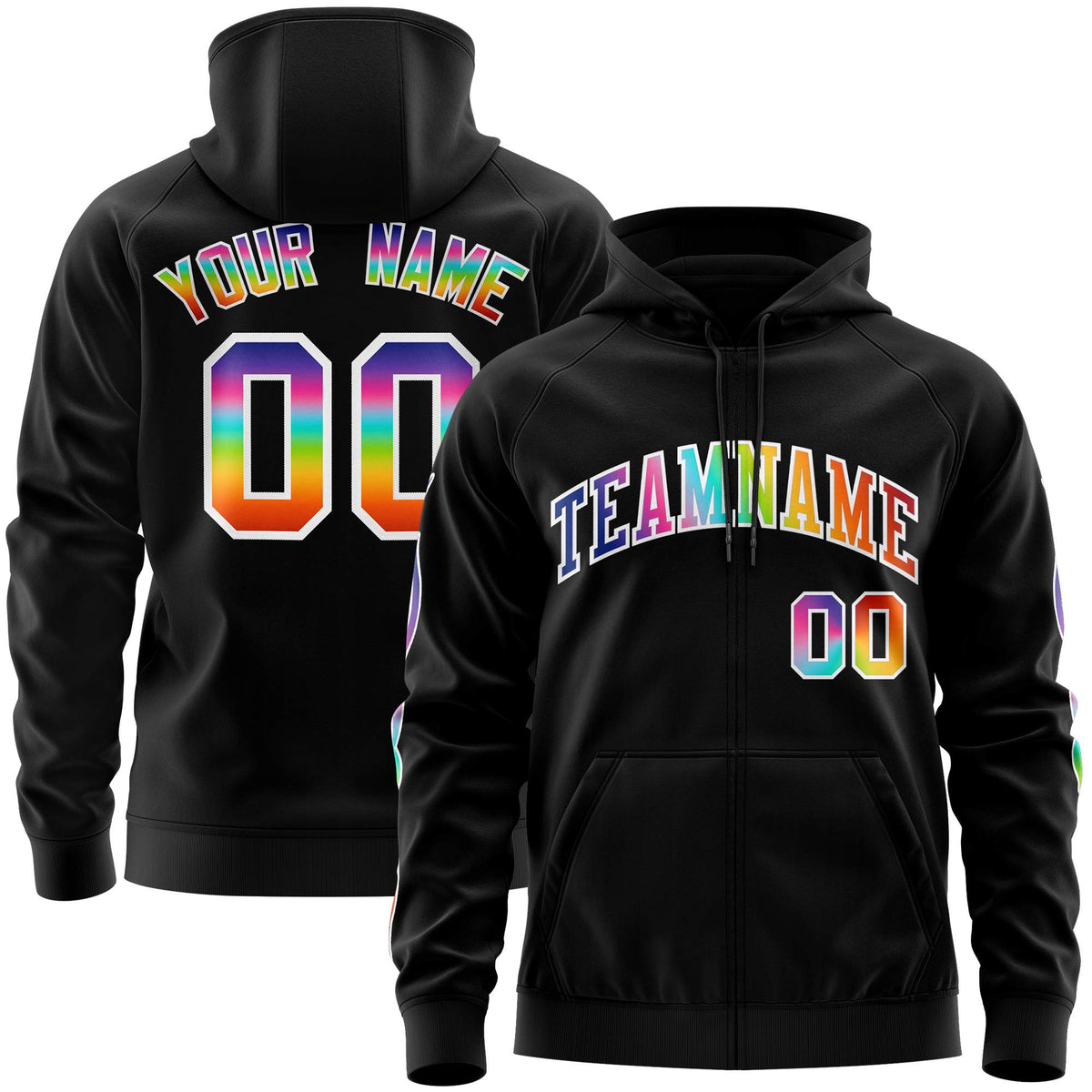 Custom Stitched Black White Sports Full-Zip Sweatshirt Hoodie with Colored Flames| KXKSHOP