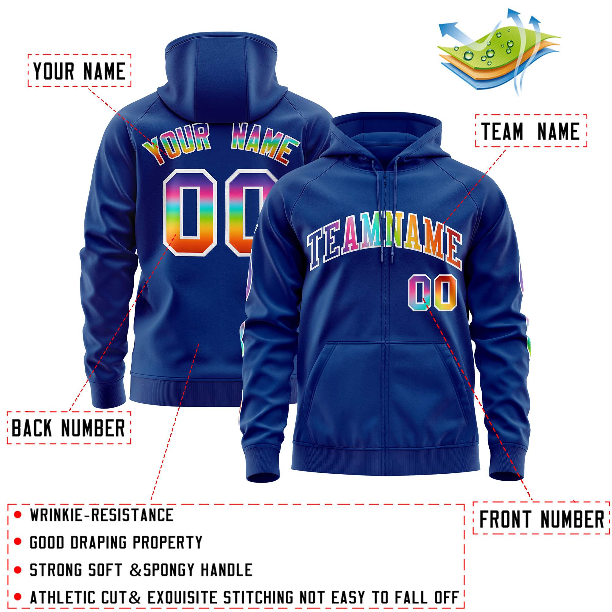 Custom Stitched Royal White Sports Full-Zip Sweatshirt Hoodie with Colored Flames| KXKSHOP