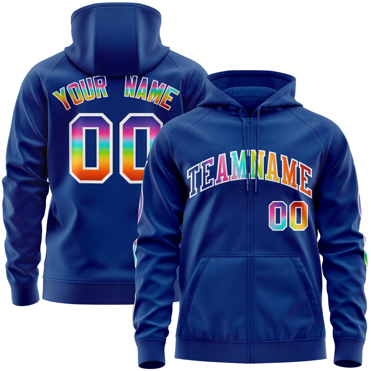 Custom Stitched Royal White Sports Full-Zip Sweatshirt Hoodie with Colored Flames| KXKSHOP