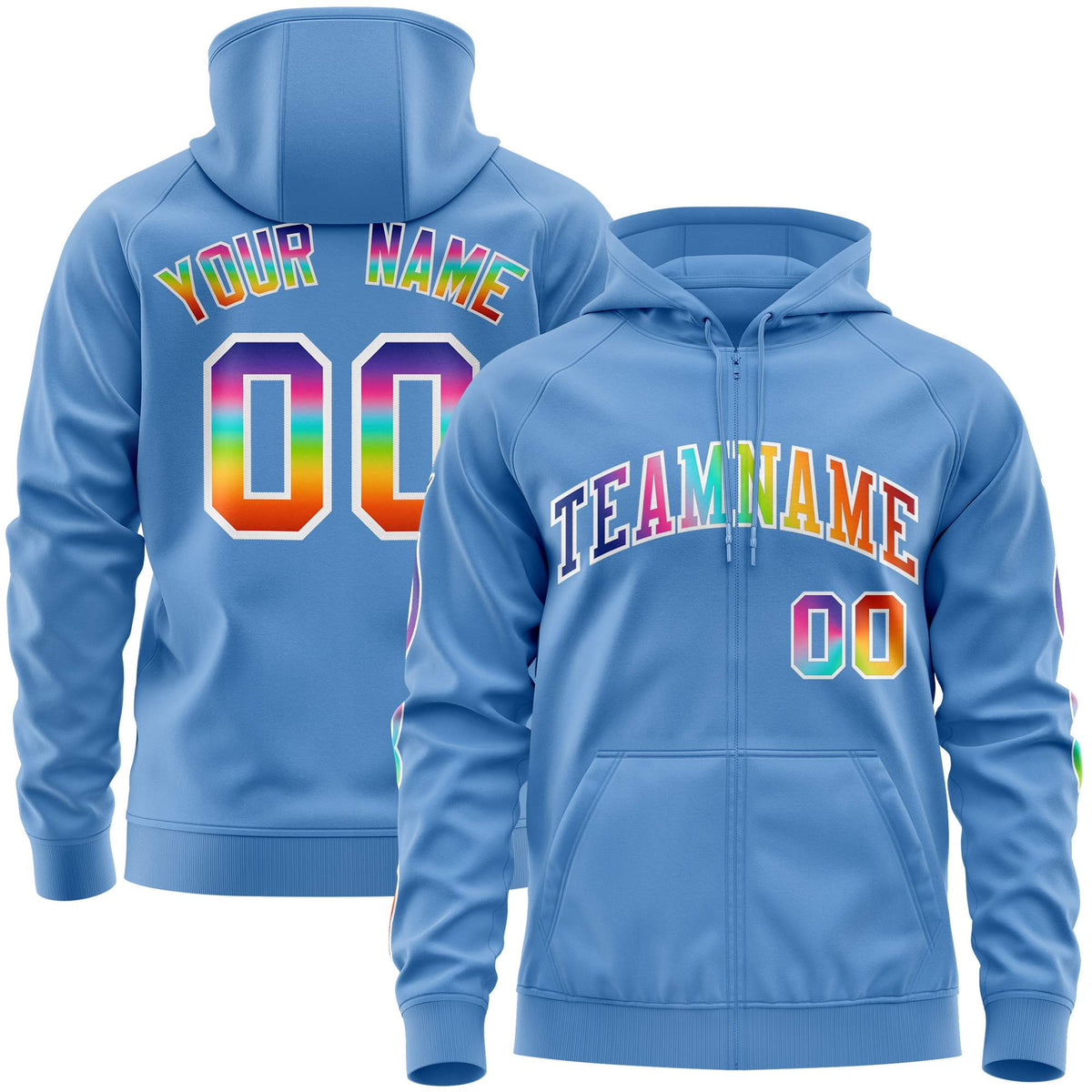 Custom Stitched Light Blue White Sports Full-Zip Sweatshirt Hoodie with Colored Flames| KXKSHOP