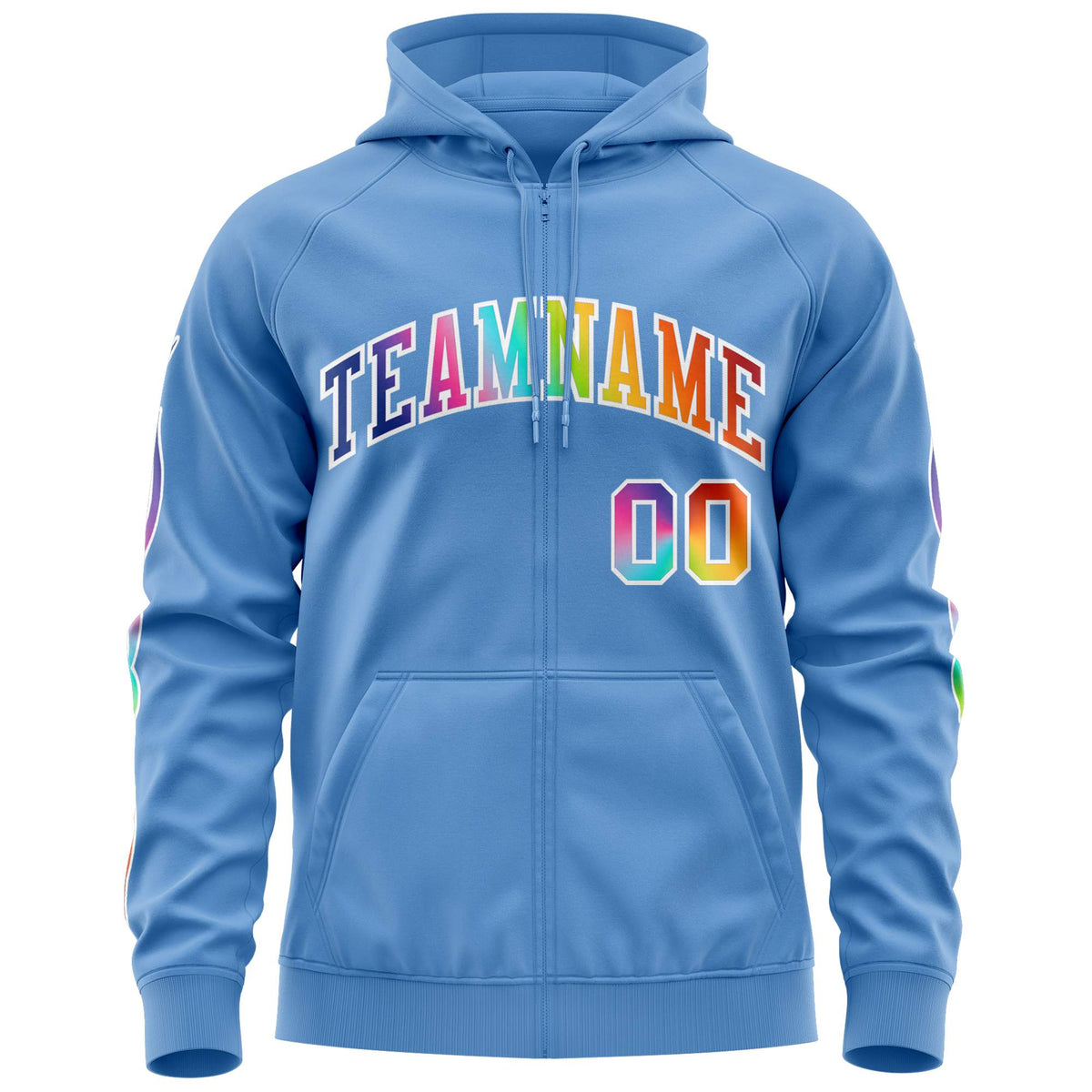 Custom Stitched Light Blue White Sports Full-Zip Sweatshirt Hoodie with Colored Flames| KXKSHOP