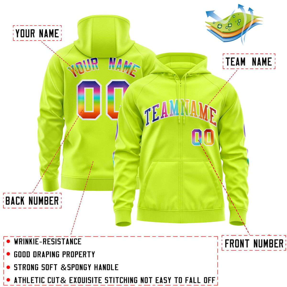 Custom Stitched Neon Green White Sports Full-Zip Sweatshirt Hoodie with Colored Flames| KXKSHOP