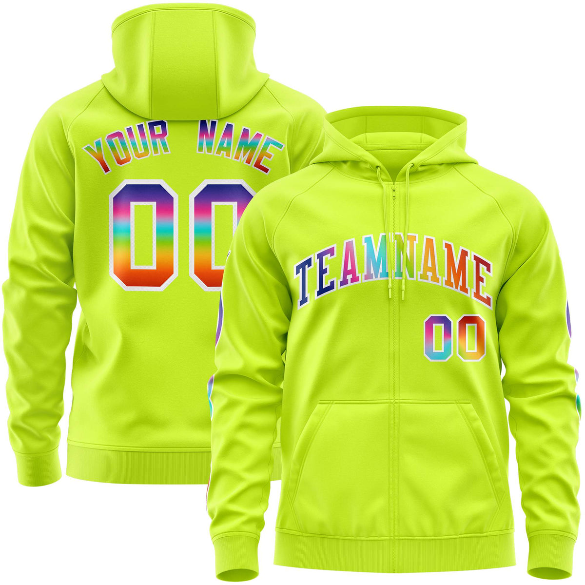 Custom Stitched Neon Green White Sports Full-Zip Sweatshirt Hoodie with Colored Flames| KXKSHOP