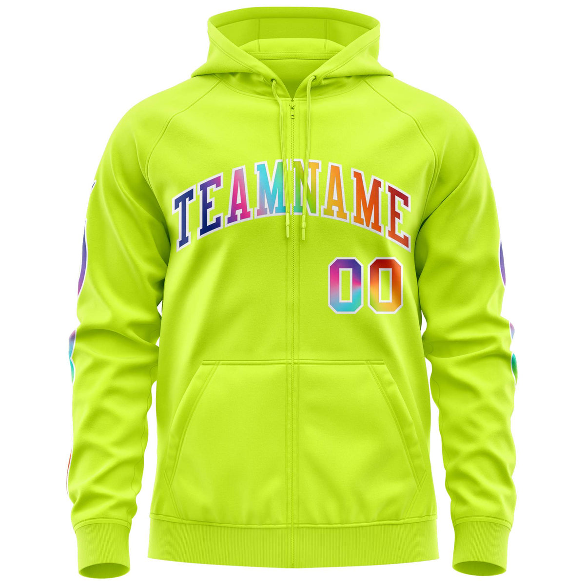 Custom Stitched Neon Green White Sports Full-Zip Sweatshirt Hoodie with Colored Flames| KXKSHOP