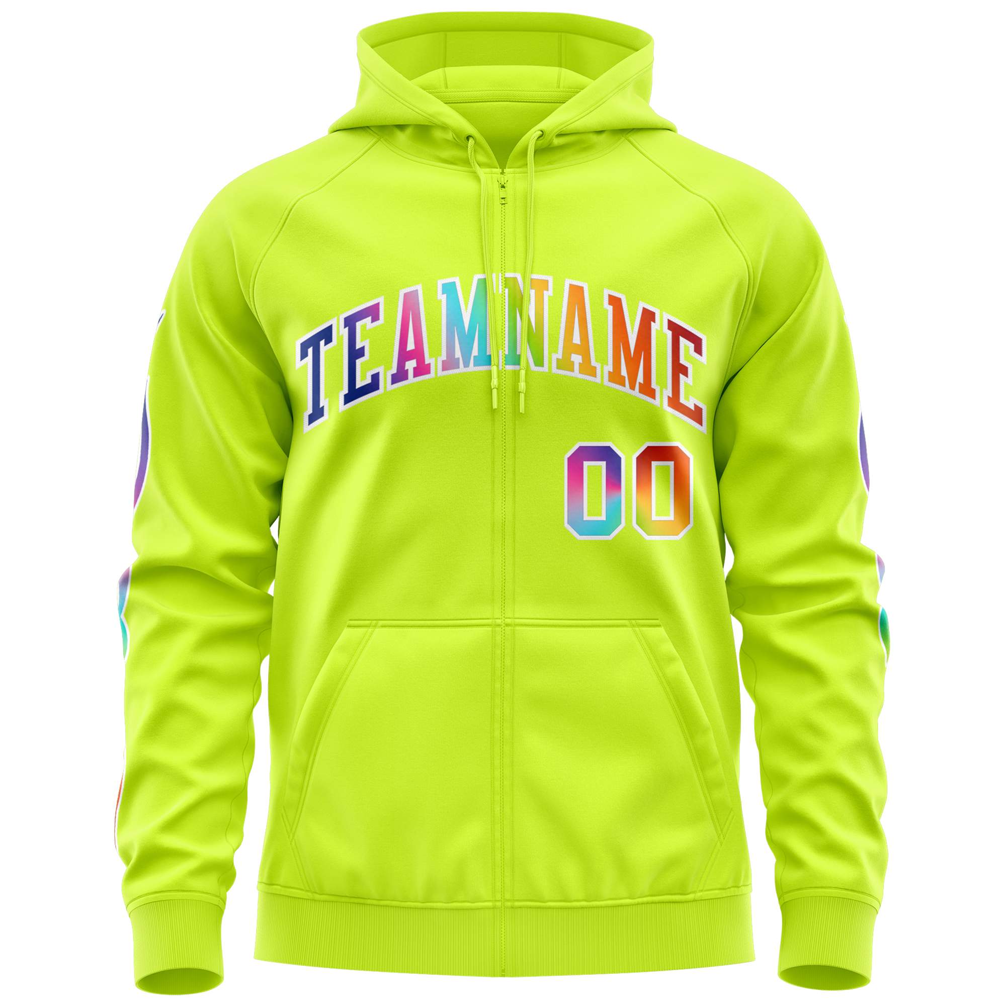 Custom Stitched Neon Green White Sports Full-Zip Sweatshirt Hoodie with Colored Flames| KXKSHOP