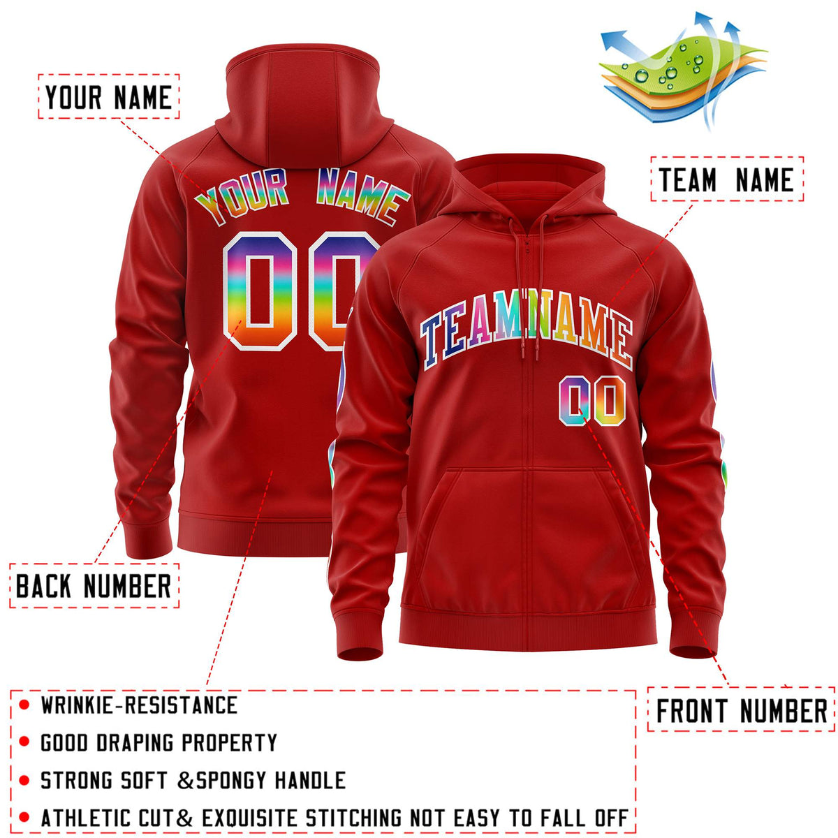 Custom Stitched Red White Sports Full-Zip Sweatshirt Hoodie with Colored Flames| KXKSHOP