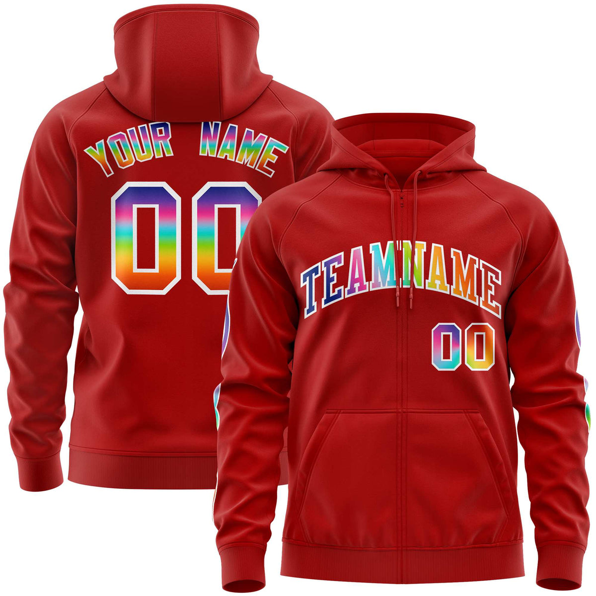 Custom Stitched Red White Sports Full-Zip Sweatshirt Hoodie with Colored Flames| KXKSHOP