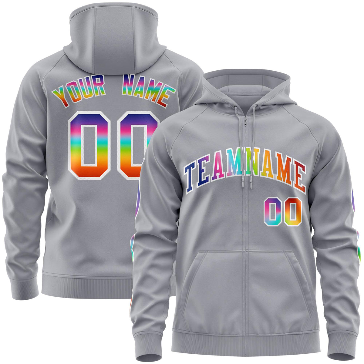 Custom Stitched Gray White Sports Full-Zip Sweatshirt Hoodie with Colored Flames| KXKSHOP