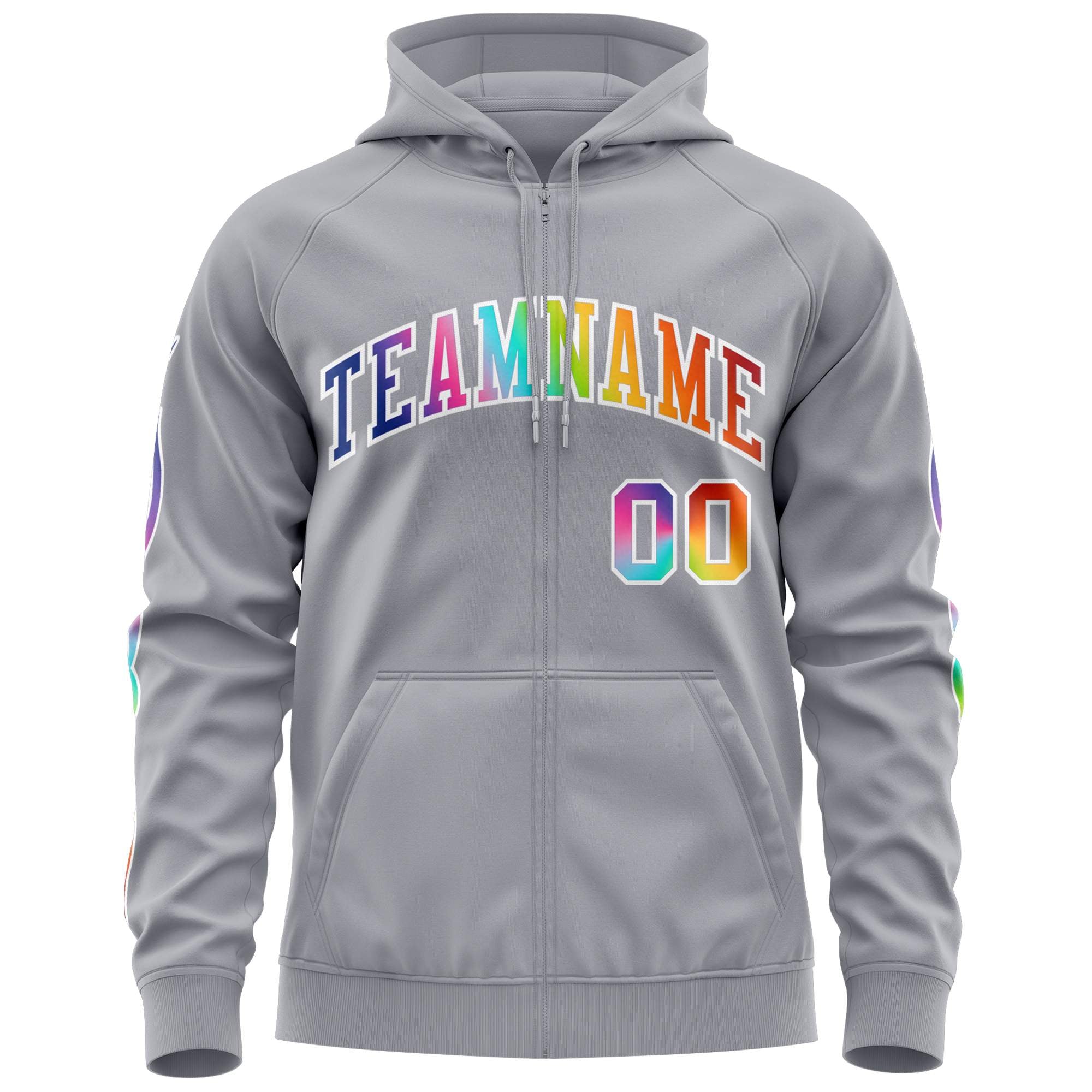 Custom Stitched Gray White Sports Full-Zip Sweatshirt Hoodie with Colored Flames| KXKSHOP