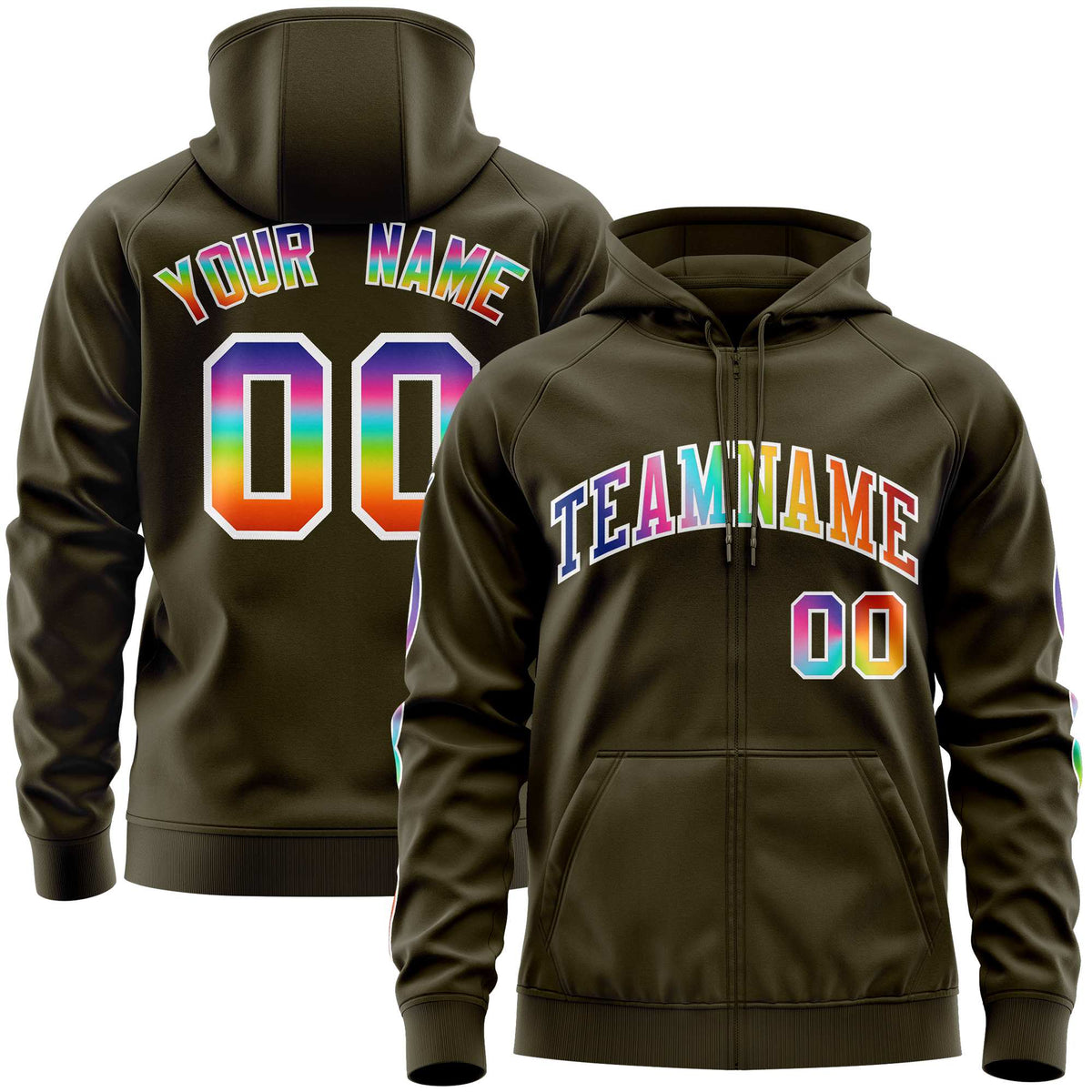 Custom Stitched Olive White Sports Full-Zip Sweatshirt Hoodie with Colored Flames| KXKSHOP
