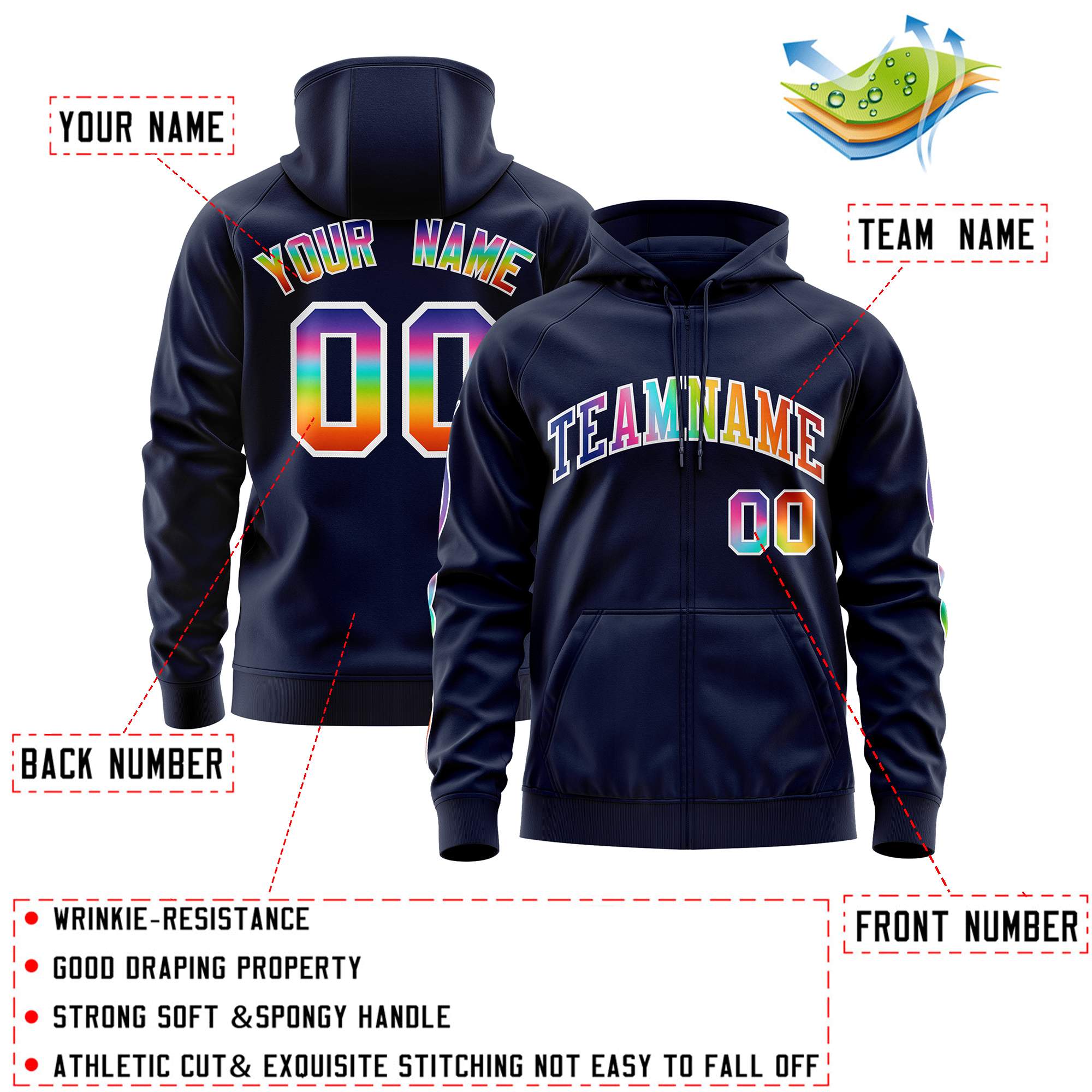 Custom Stitched Navy White Sports Full-Zip Sweatshirt Hoodie with Colored Flames| KXKSHOP