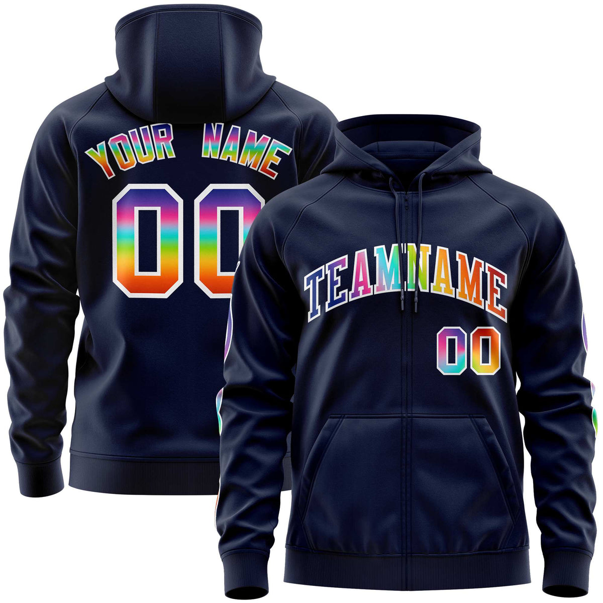 Custom Stitched Navy White Sports Full-Zip Sweatshirt Hoodie with Colored Flames| KXKSHOP