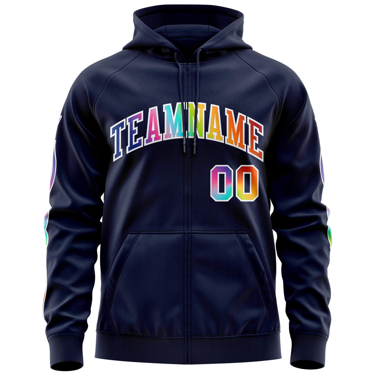 Custom Stitched Navy White Sports Full-Zip Sweatshirt Hoodie with Colored Flames| KXKSHOP