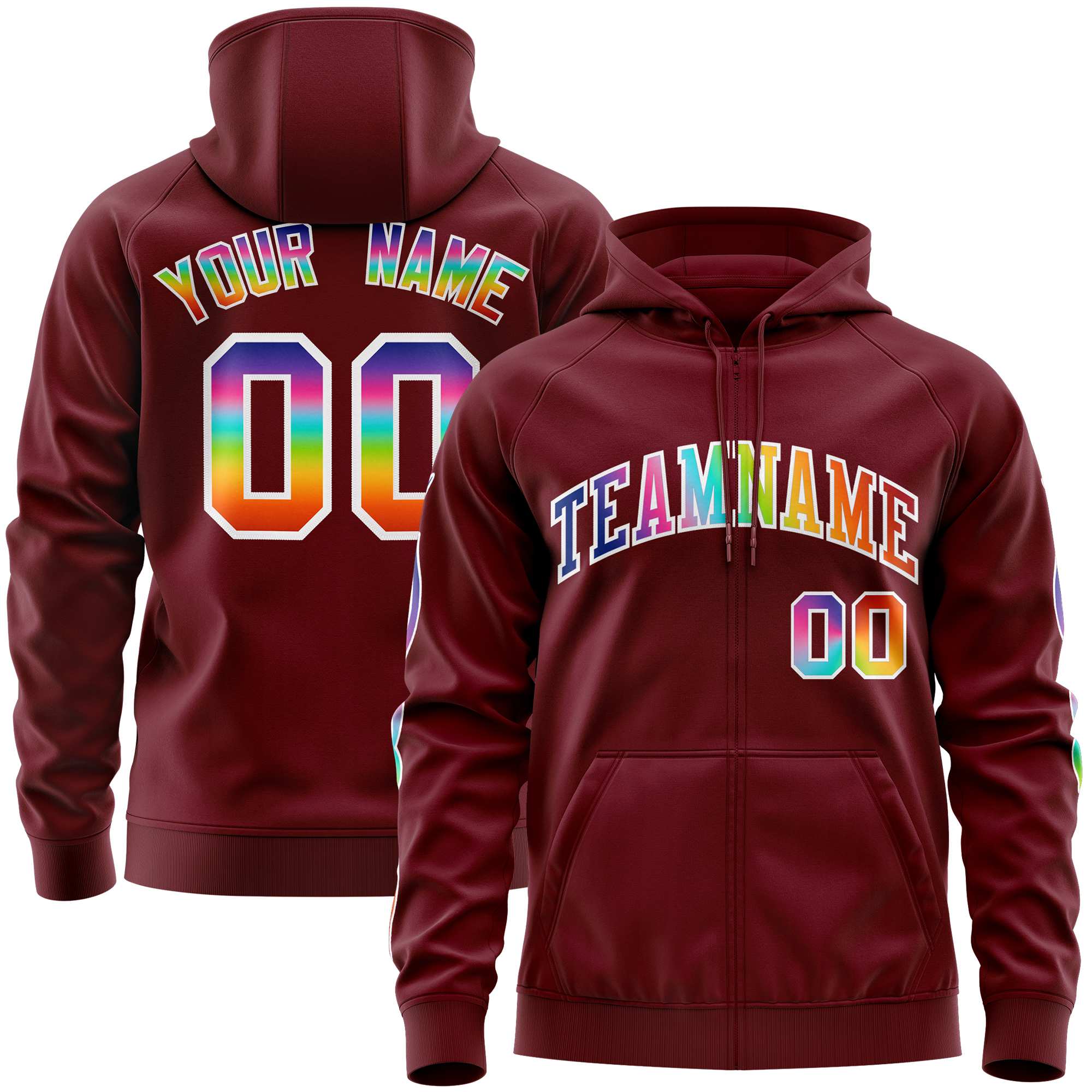 Custom Stitched Crimson White Sports Full-Zip Sweatshirt Hoodie with Colored Flames| KXKSHOP