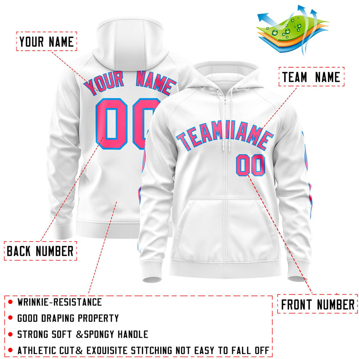 Custom Stitched White Pink Sports Full-Zip Sweatshirt Hoodie with Flame| KXKSHOP