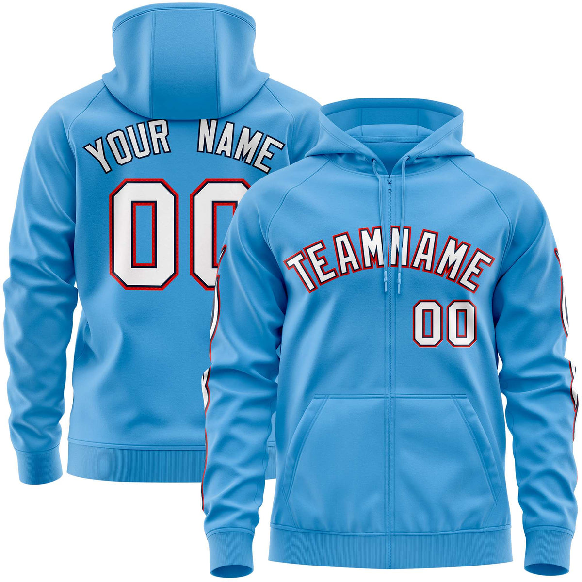 Custom Stitched Light Blue White Sports Full-Zip Sweatshirt Hoodie with Flame| KXKSHOP