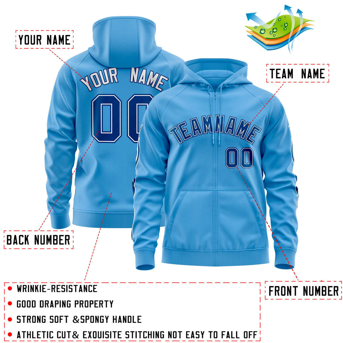 Custom Stitched Light Blue Royal Sports Full-Zip Sweatshirt Hoodie with Flame| KXKSHOP