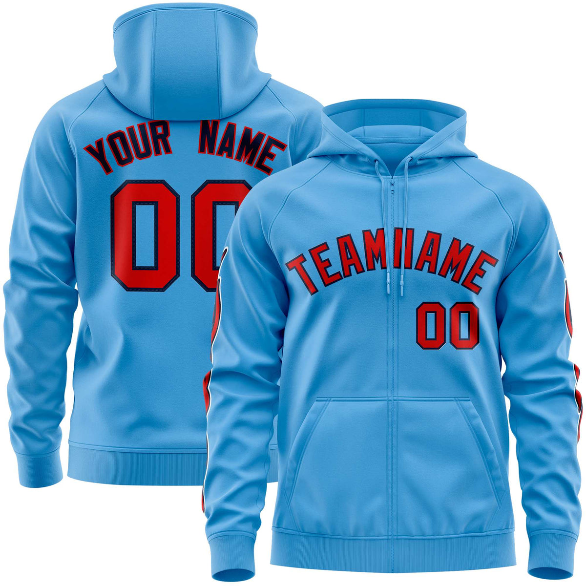 Custom Stitched Light Blue Red Sports Full-Zip Sweatshirt Hoodie with Flame| KXKSHOP