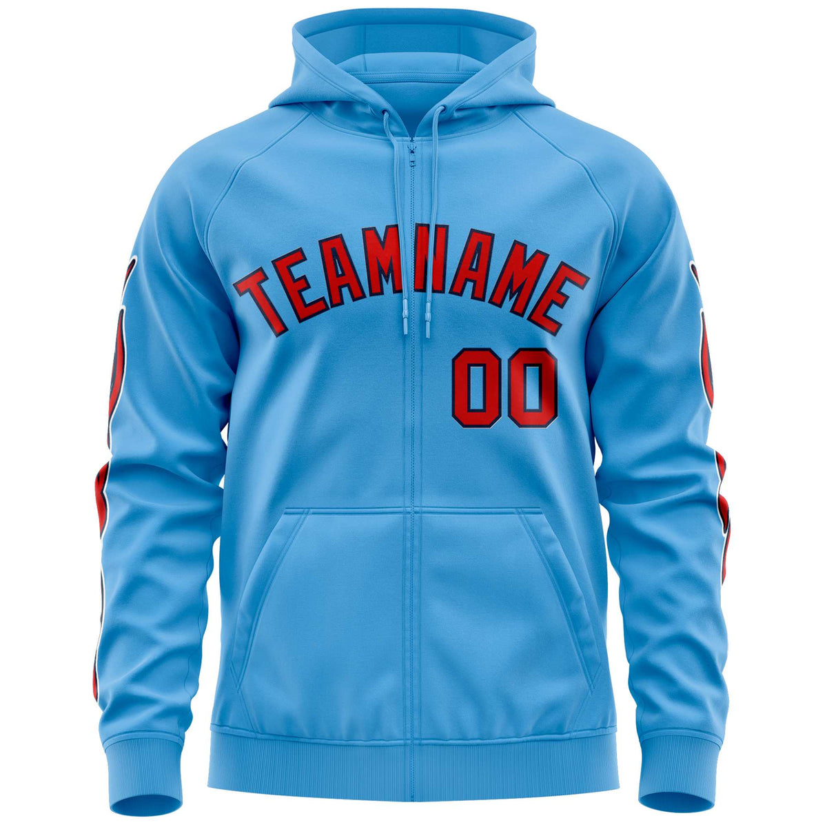 Custom Stitched Light Blue Red Sports Full-Zip Sweatshirt Hoodie with Flame| KXKSHOP