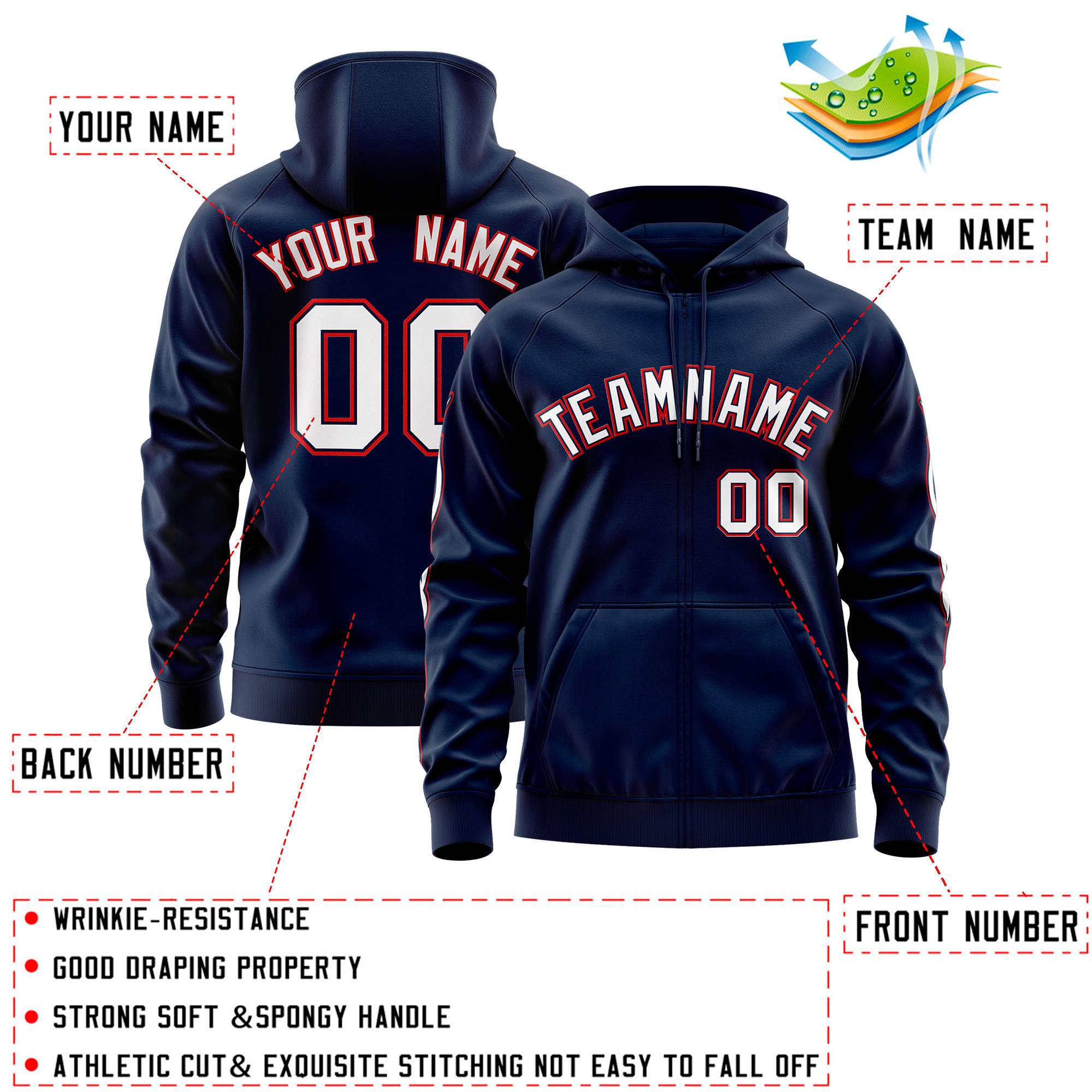 Custom Stitched Navy White Sports Full-Zip Sweatshirt Hoodie with Flame| KXKSHOP