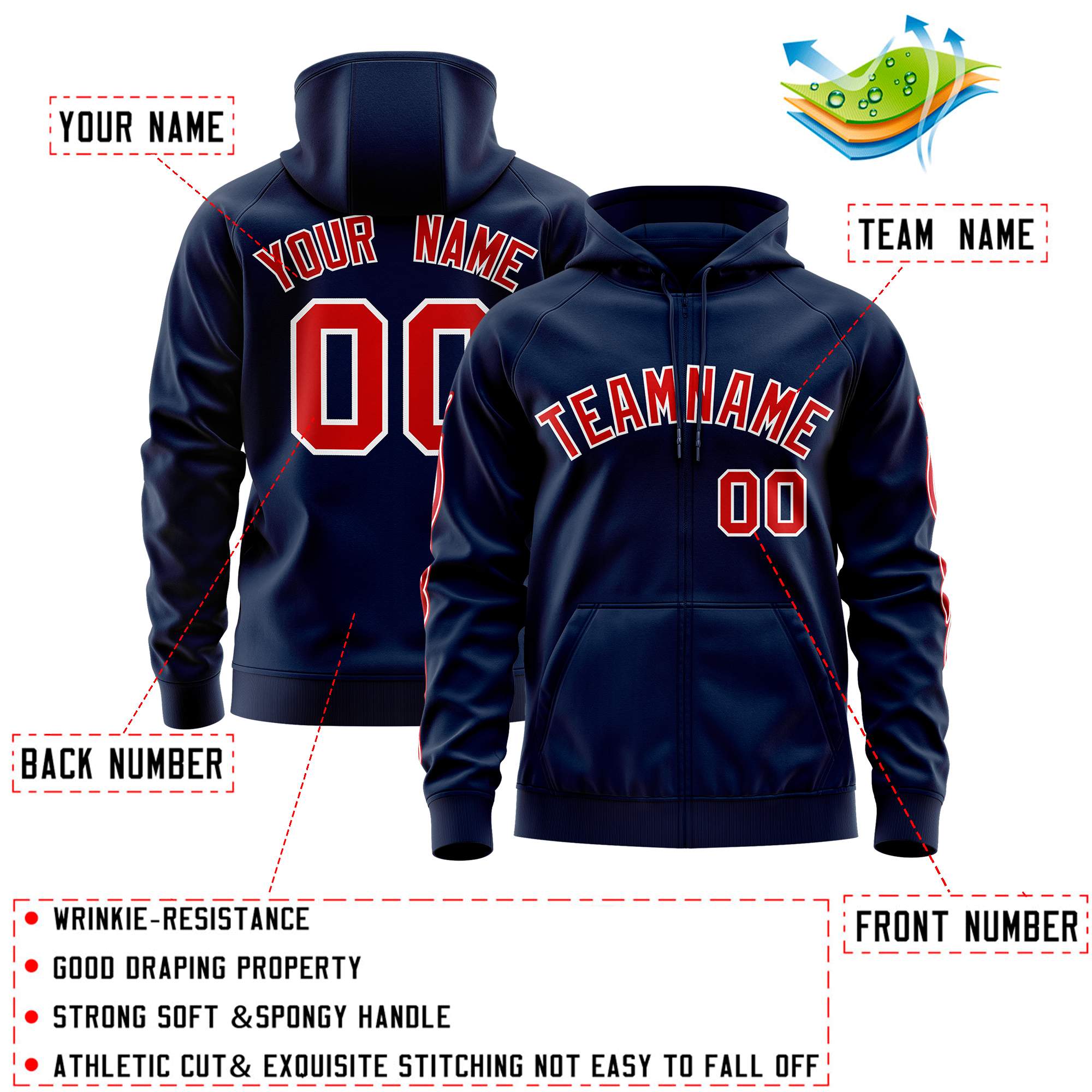 Custom Stitched Navy Red Sports Full-Zip Sweatshirt Hoodie with Flame| KXKSHOP