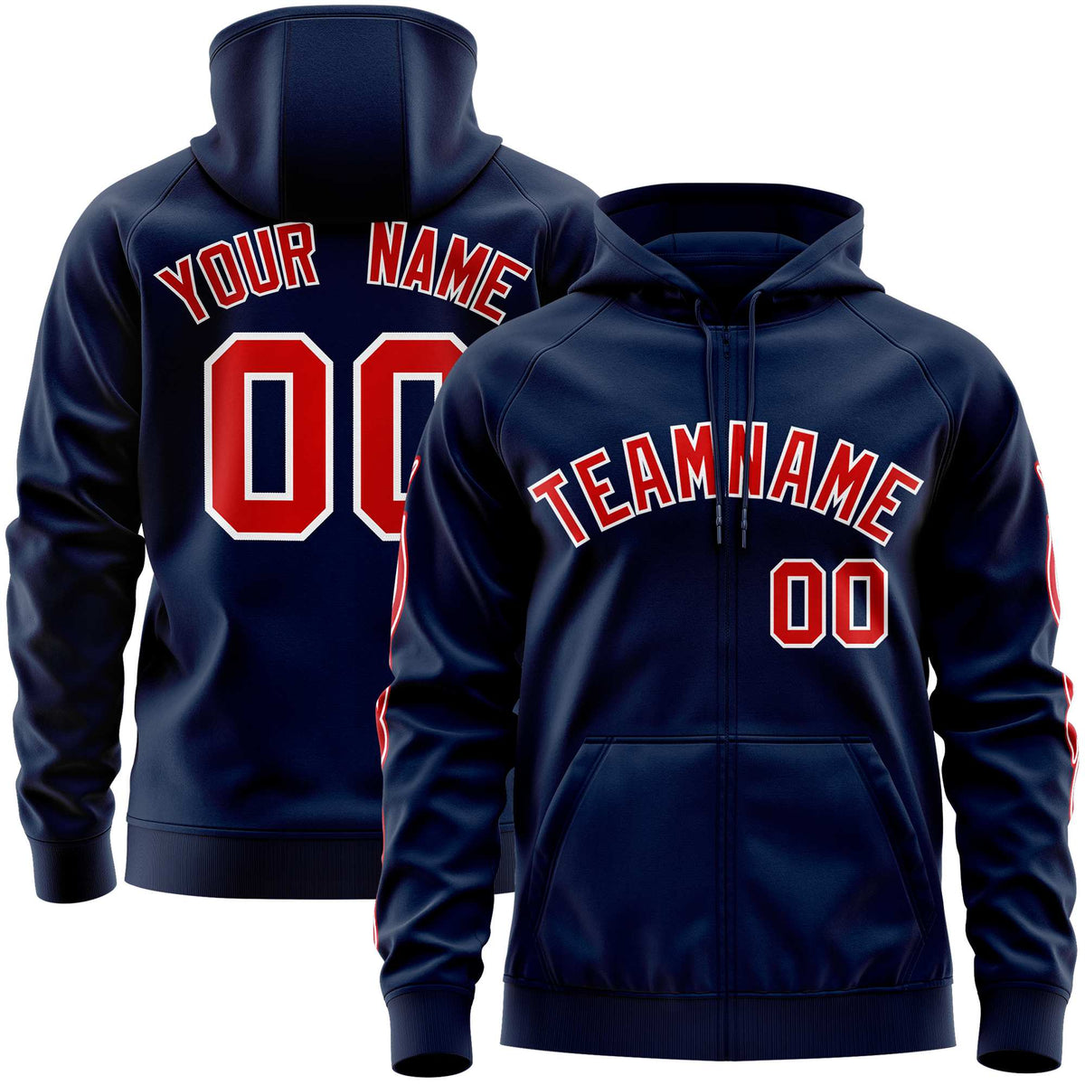 Custom Stitched Navy Red Sports Full-Zip Sweatshirt Hoodie with Flame| KXKSHOP