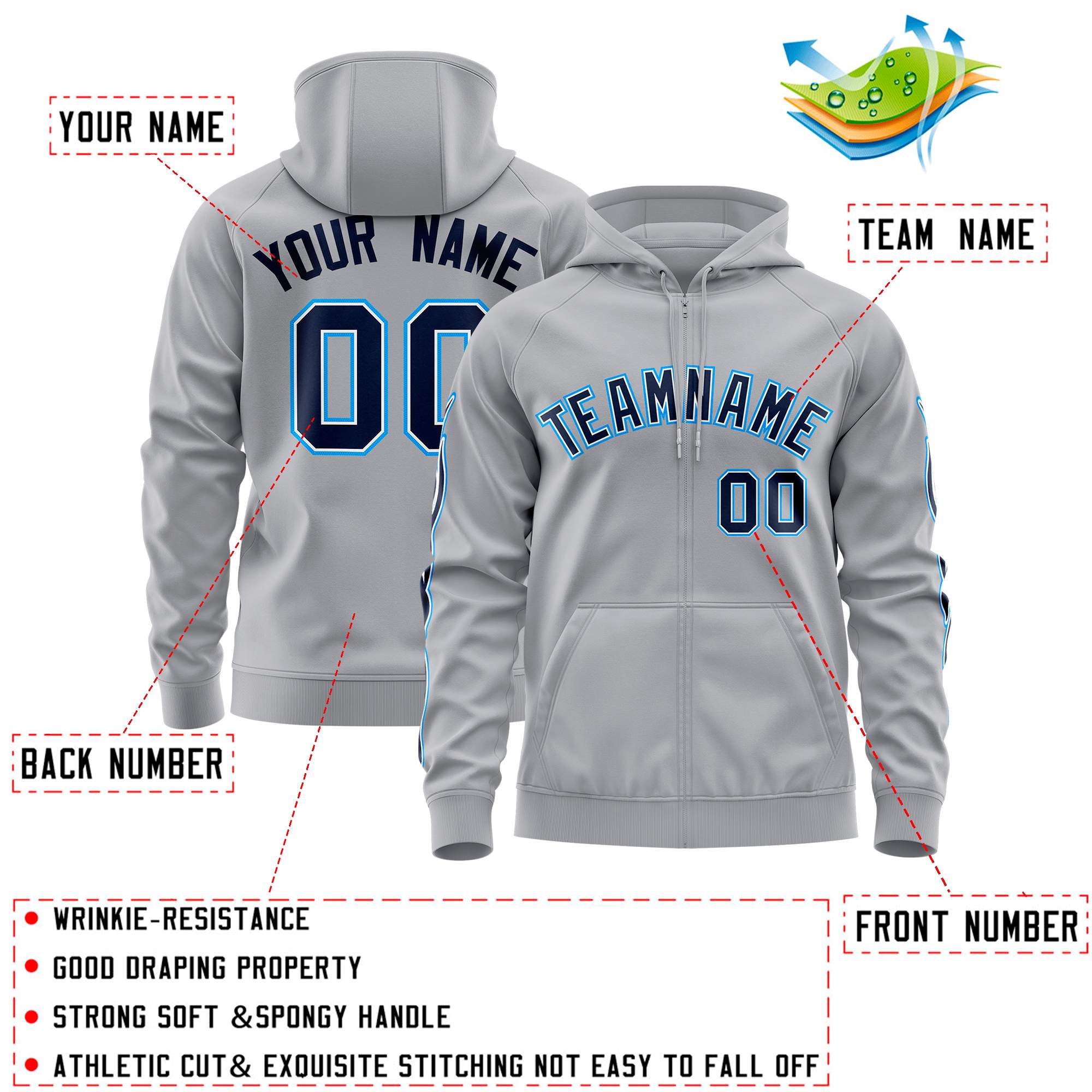 Custom Stitched Gray Navy Sports Full-Zip Sweatshirt Hoodie with Flame| KXKSHOP