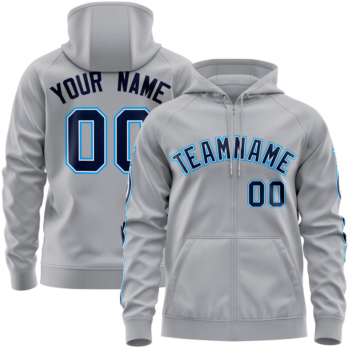 Custom Stitched Gray Navy Sports Full-Zip Sweatshirt Hoodie with Flame| KXKSHOP
