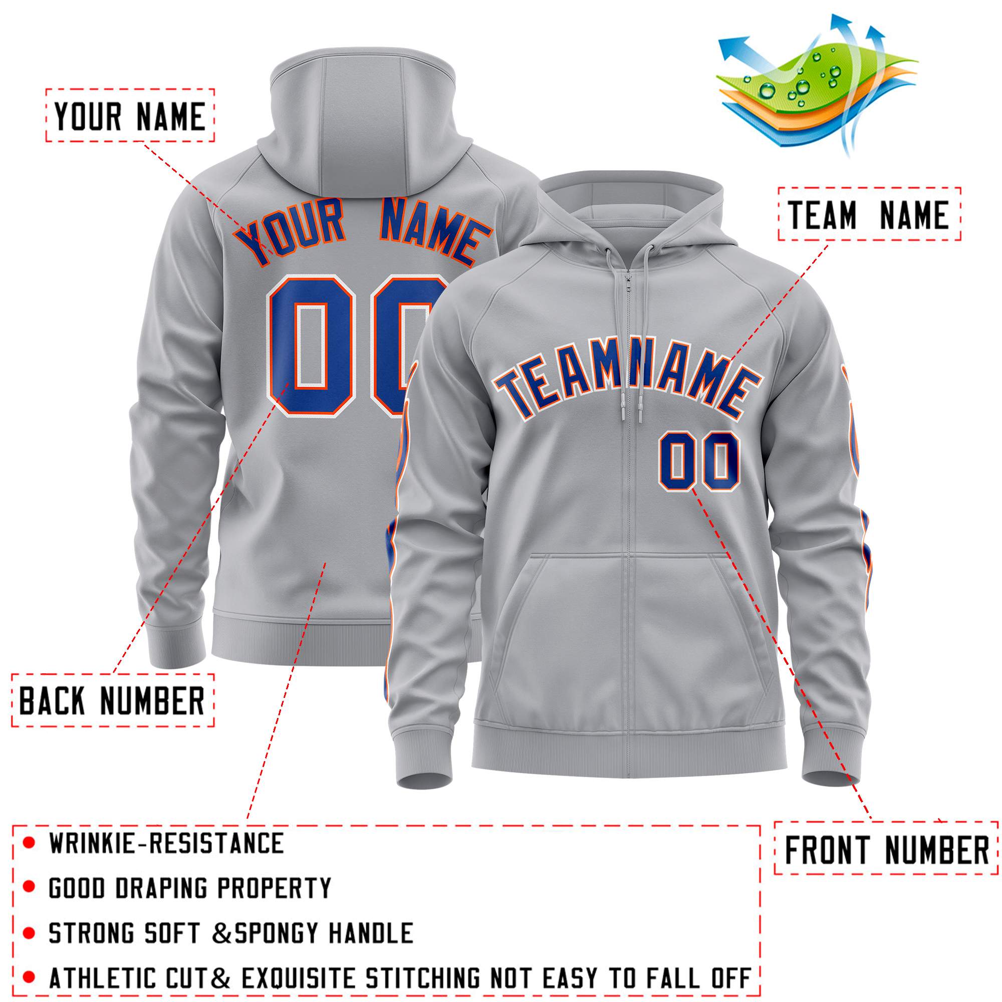 Custom Stitched Gray Royal Sports Full-Zip Sweatshirt Hoodie with Flame| KXKSHOP
