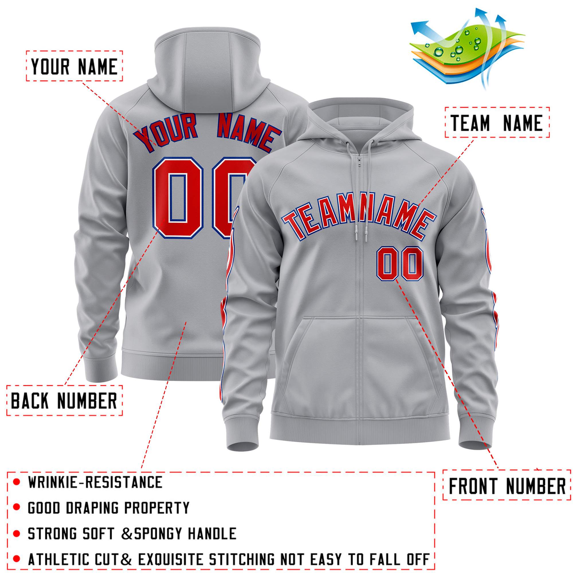 Custom Stitched Gray Red Sports Full-Zip Sweatshirt Hoodie with Flame| KXKSHOP