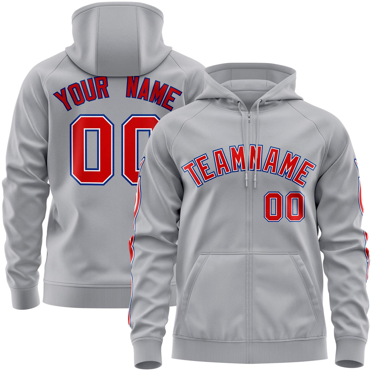 Custom Stitched Gray Red Sports Full-Zip Sweatshirt Hoodie with Flame| KXKSHOP