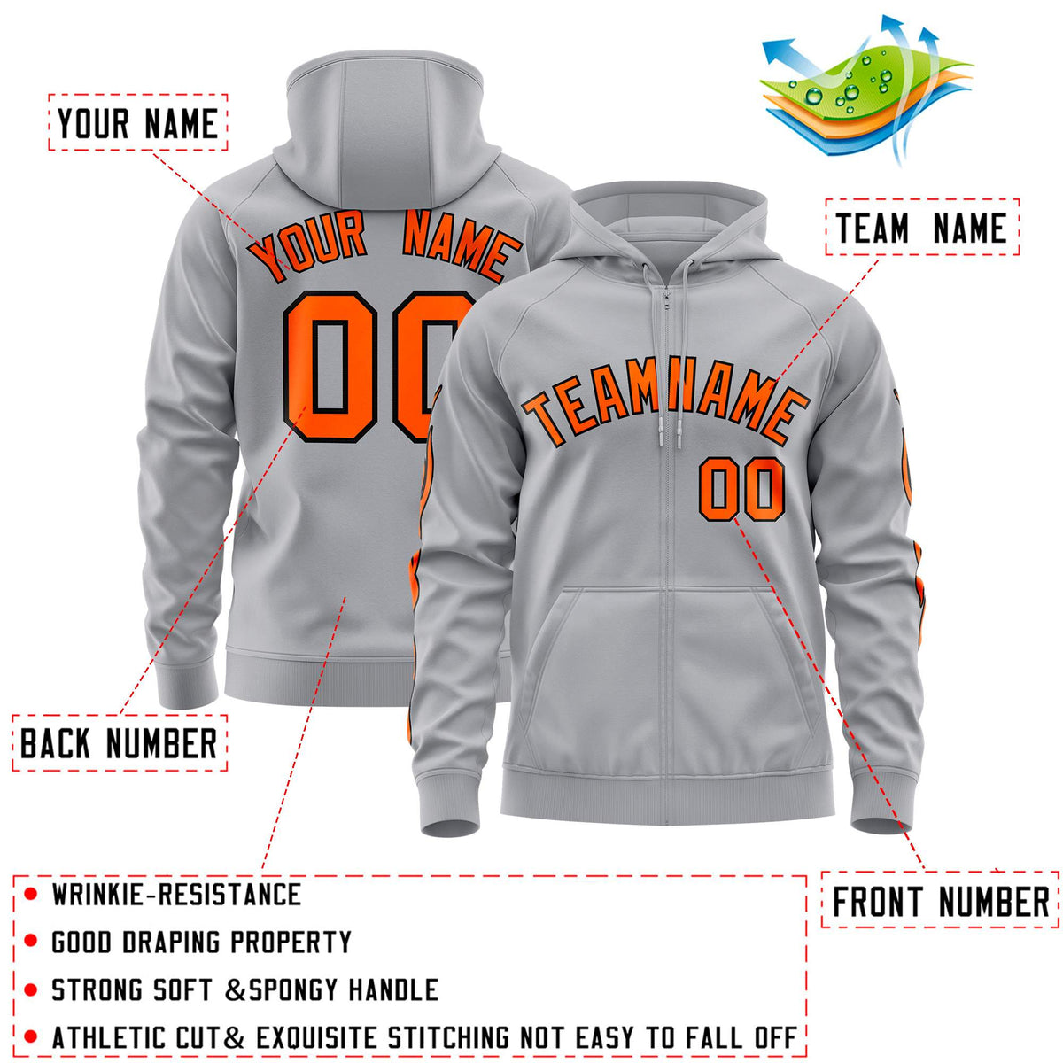 Custom Stitched Gray Orange Sports Full-Zip Sweatshirt Hoodie with Flame| KXKSHOP