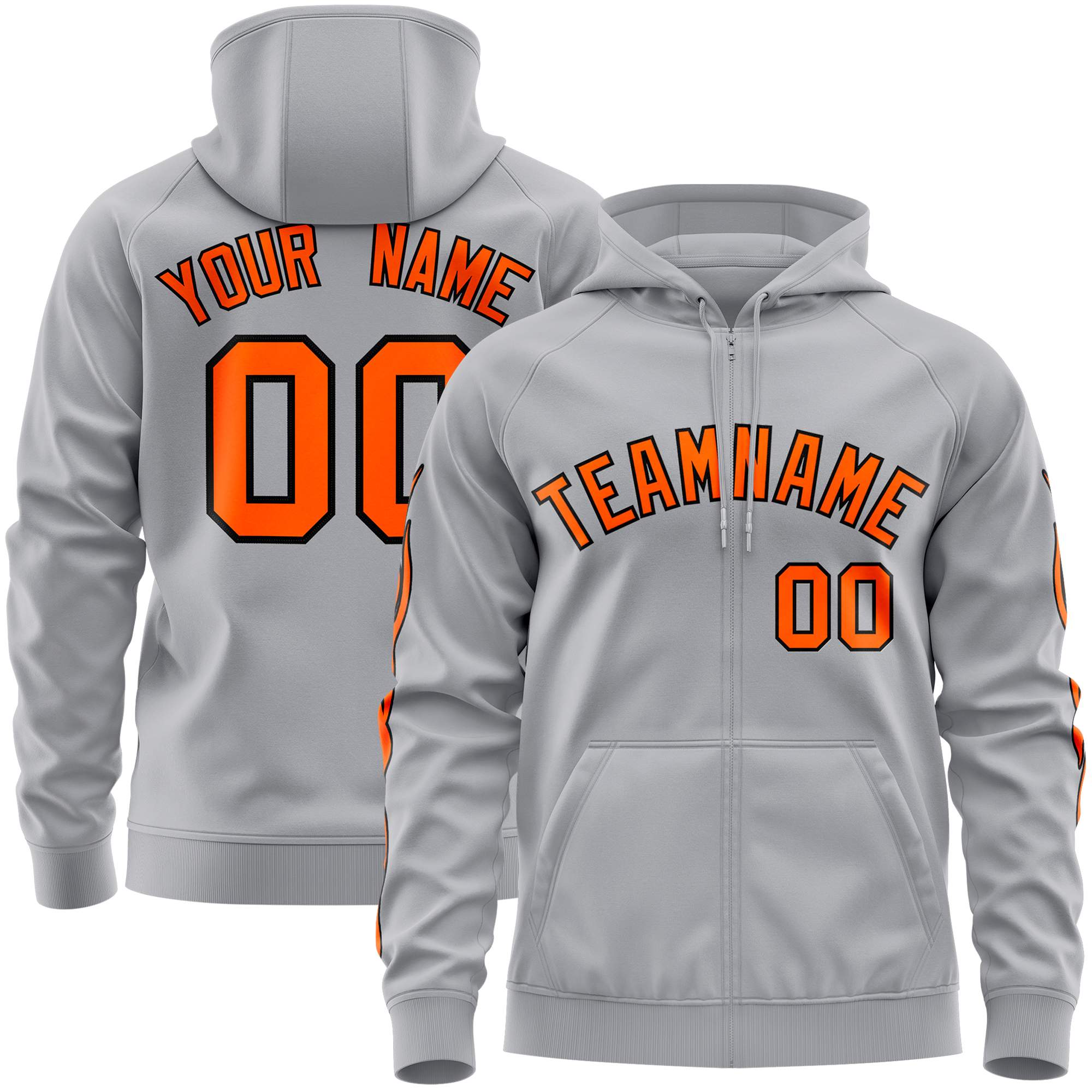 Custom Stitched Gray Orange Sports Full-Zip Sweatshirt Hoodie with Flame| KXKSHOP