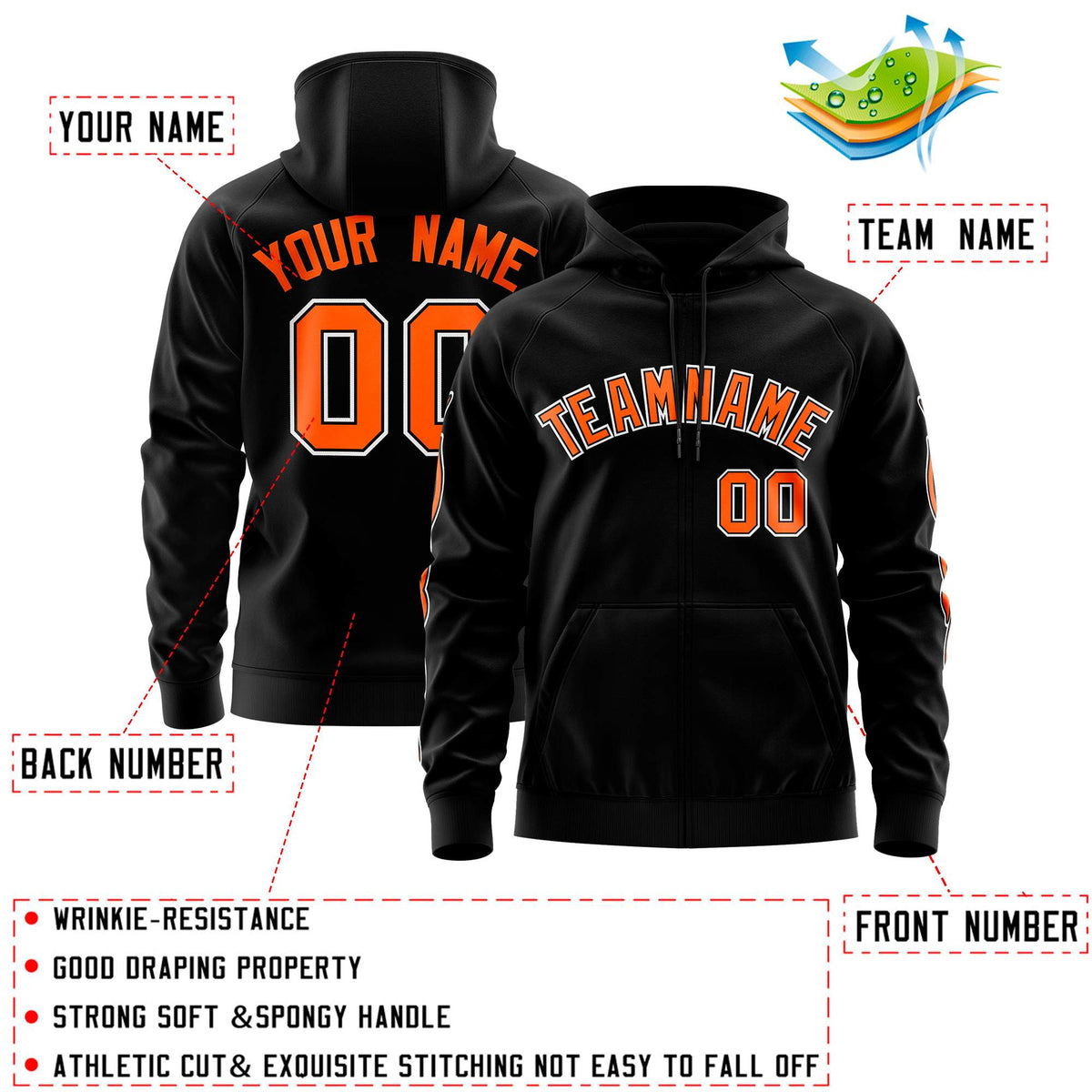 Custom Stitched Black Orange Sports Full-Zip Sweatshirt Hoodie with Flame| KXKSHOP