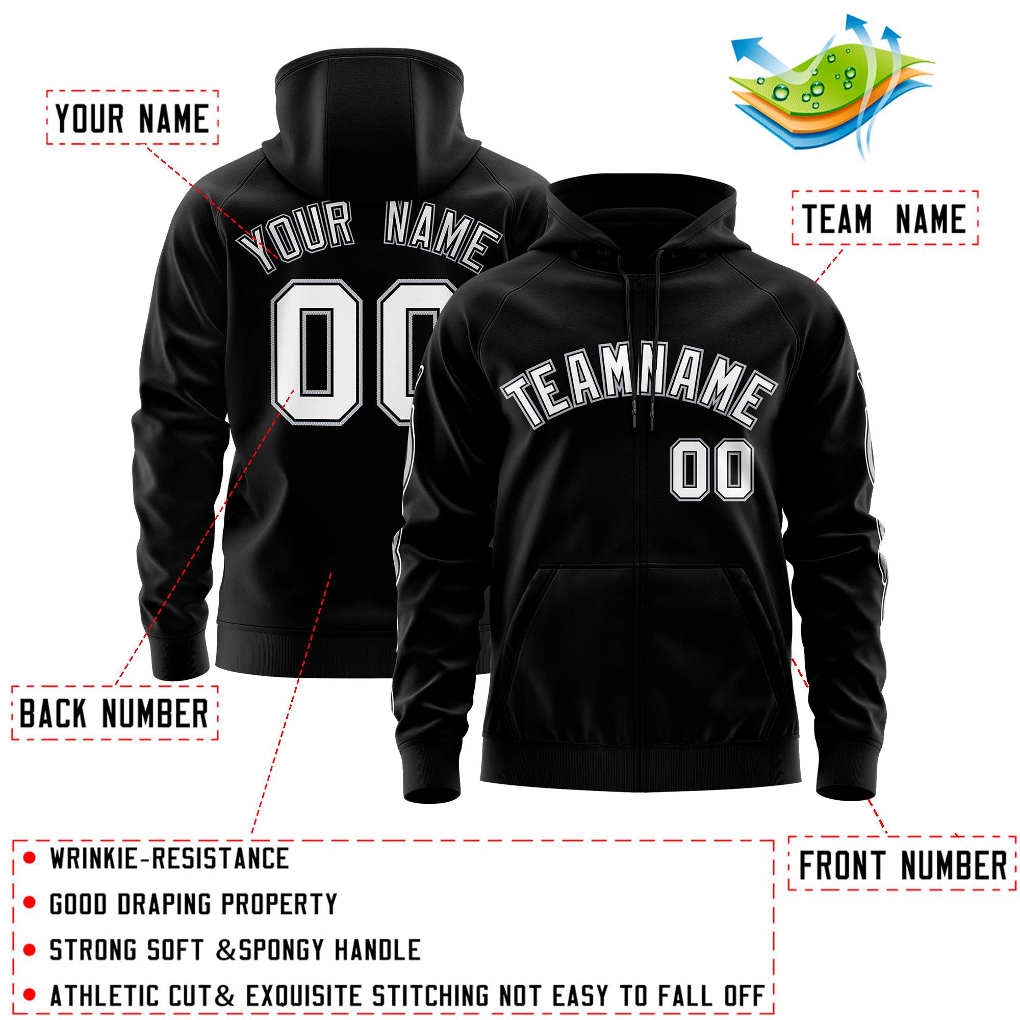 Custom Stitched Black White Sports Full-Zip Sweatshirt Hoodie with Flame| KXKSHOP