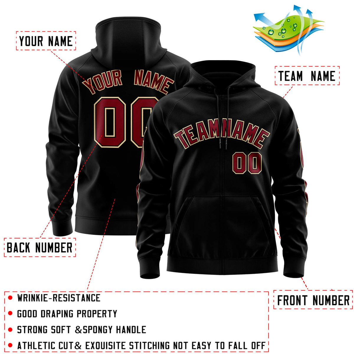 Custom Stitched Black Crimson Sports Full-Zip Sweatshirt Hoodie with Flame| KXKSHOP