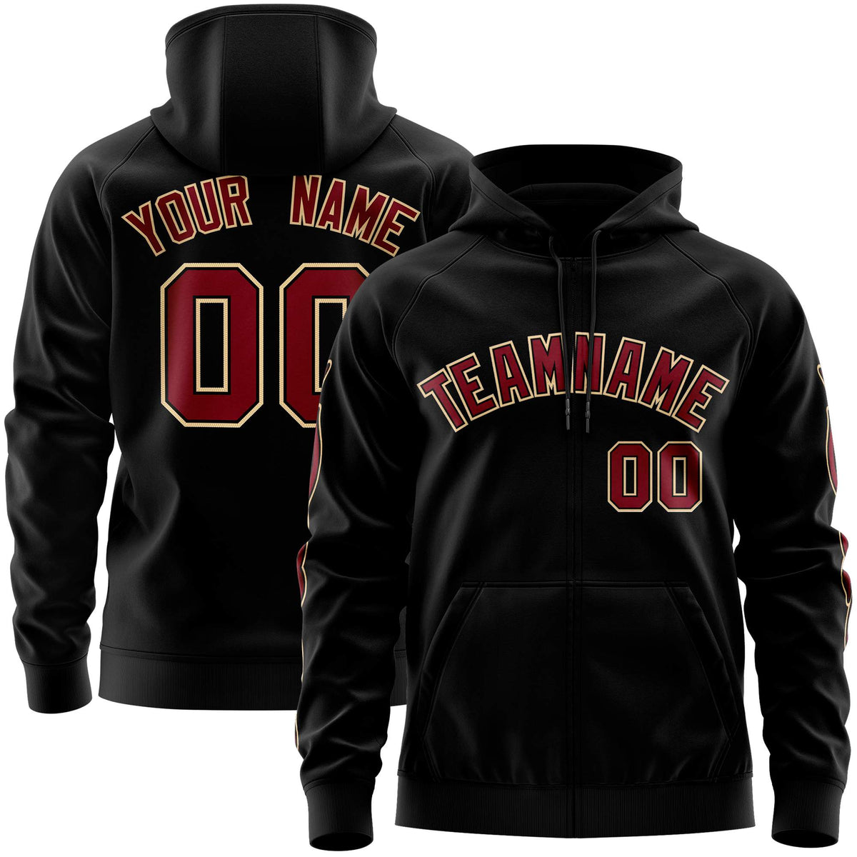 Custom Stitched Black Crimson Sports Full-Zip Sweatshirt Hoodie with Flame| KXKSHOP