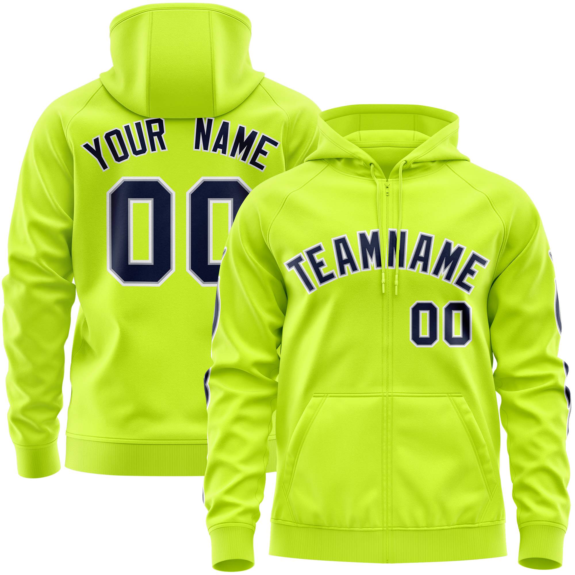 Custom Stitched Neon Green Navy Sports Full-Zip Sweatshirt Hoodie with Flame| KXKSHOP