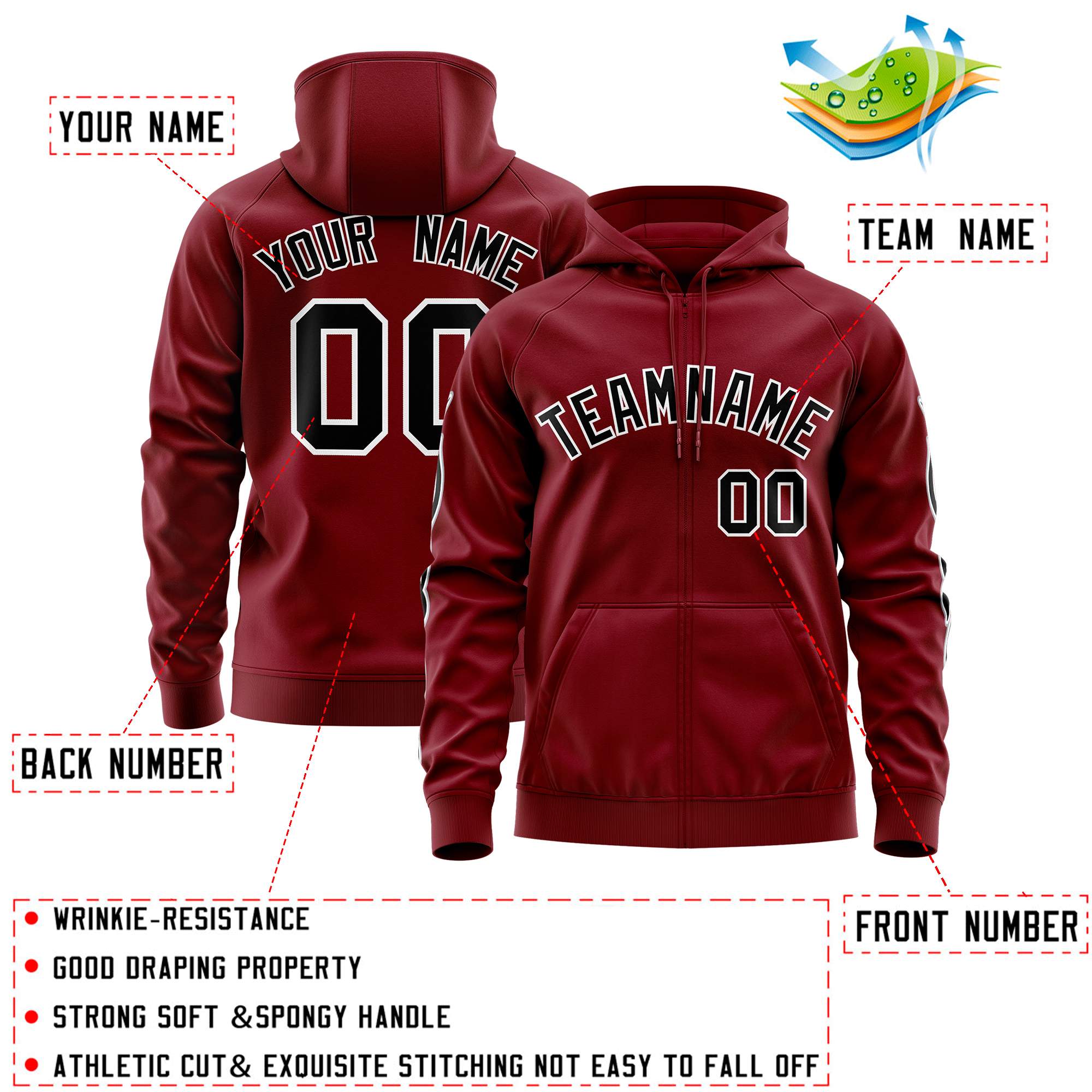 Custom Stitched Crimson Black Sports Full-Zip Sweatshirt Hoodie with Flame| KXKSHOP