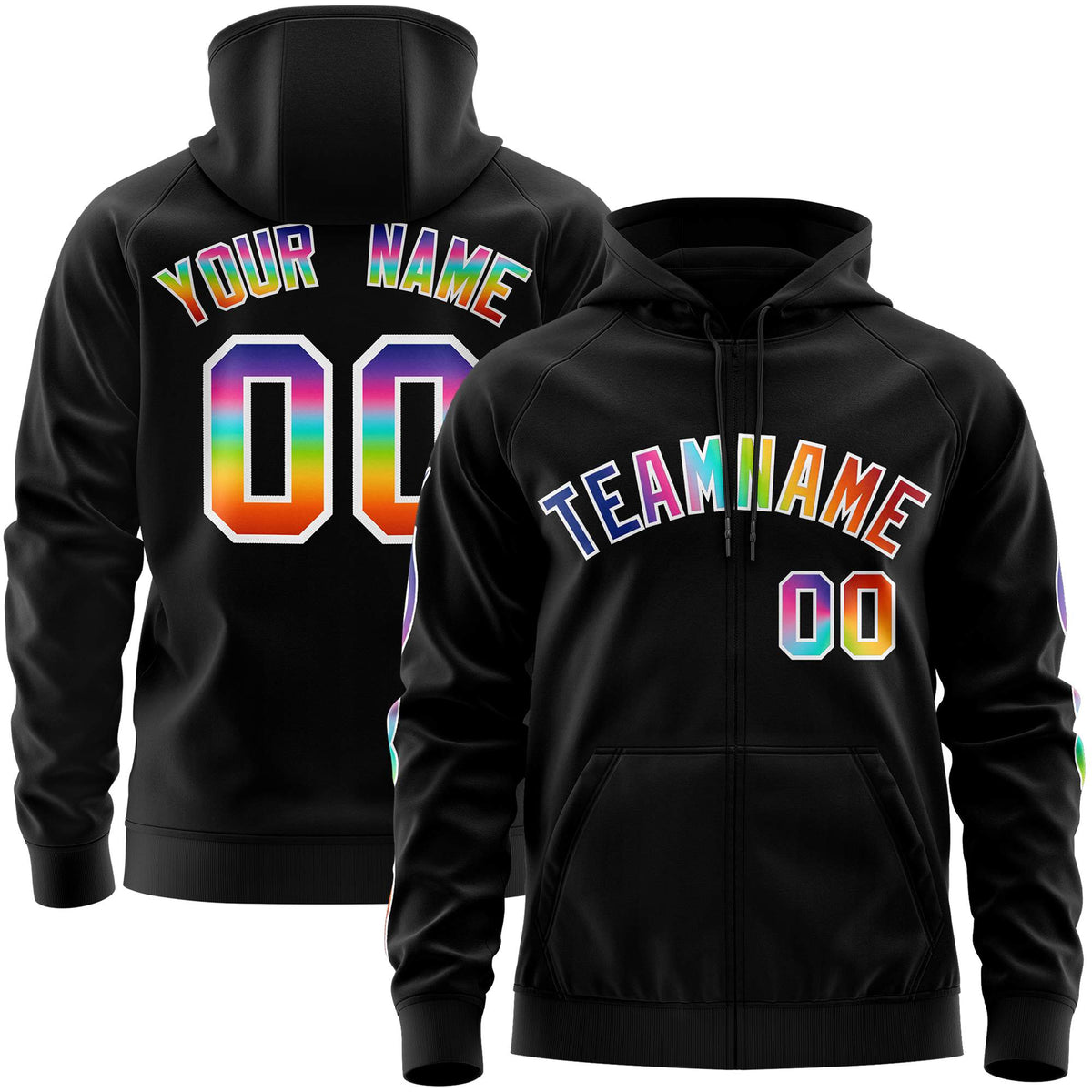Custom Stitched Black White Sports Full-Zip Sweatshirt Hoodie with Colored Flames| KXKSHOP