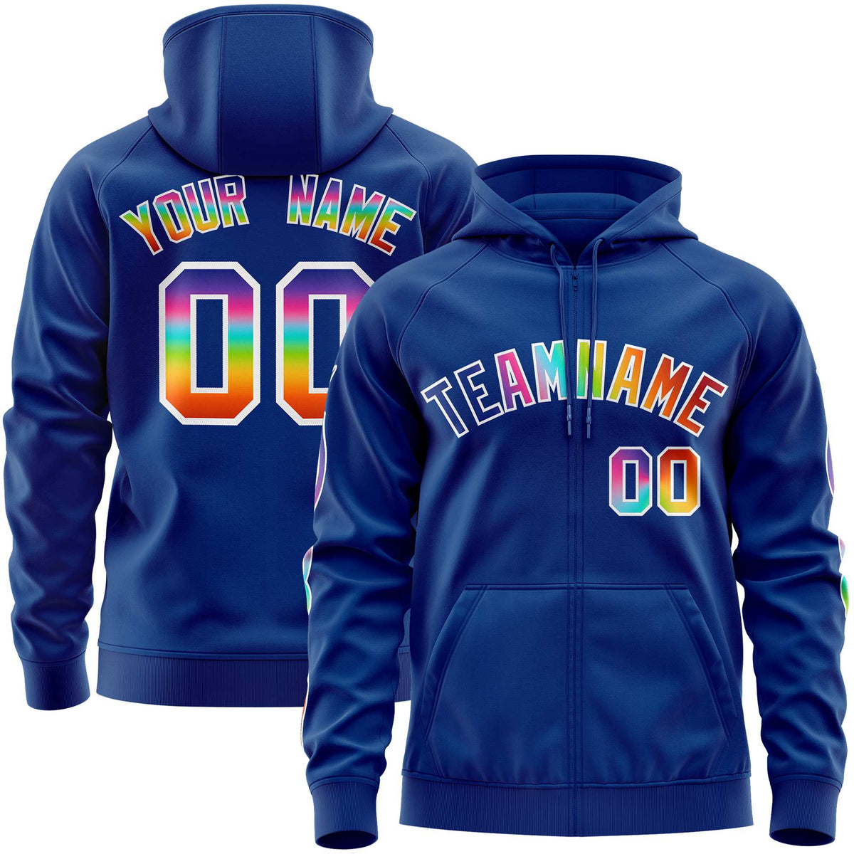 Custom Stitched Royal White Sports Full-Zip Sweatshirt Hoodie with Colored Flames| KXKSHOP