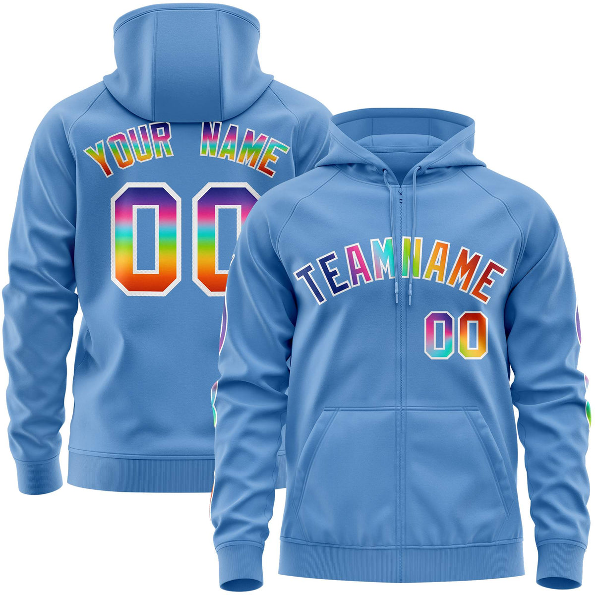 Custom Stitched Light Blue White Sports Full-Zip Sweatshirt Hoodie with Colored Flames| KXKSHOP
