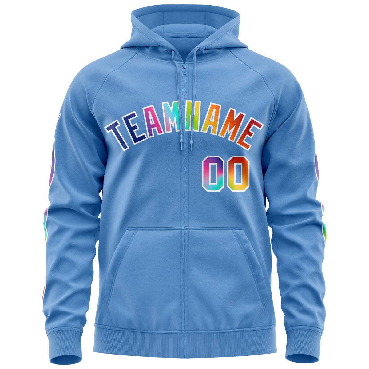 Custom Stitched Light Blue White Sports Full-Zip Sweatshirt Hoodie with Colored Flames| KXKSHOP