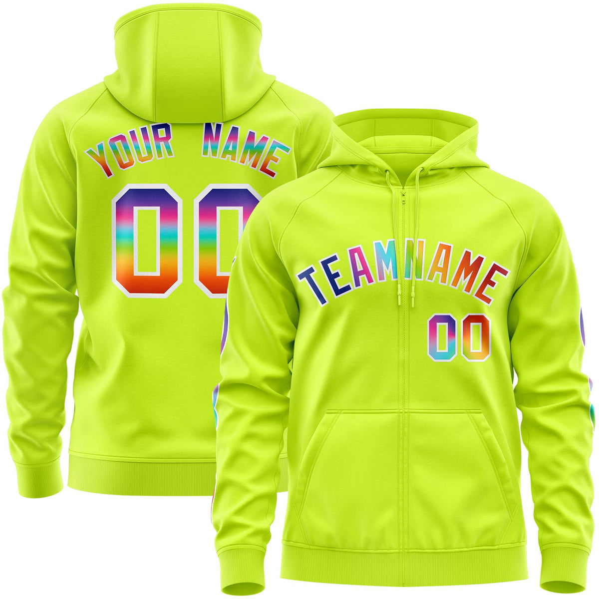 Custom Stitched Neon Green White Sports Full-Zip Sweatshirt Hoodie with Colored Flames| KXKSHOP