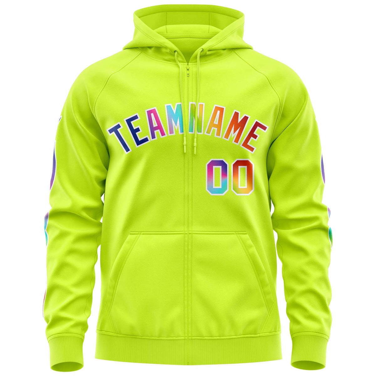 Custom Stitched Neon Green White Sports Full-Zip Sweatshirt Hoodie with Colored Flames| KXKSHOP