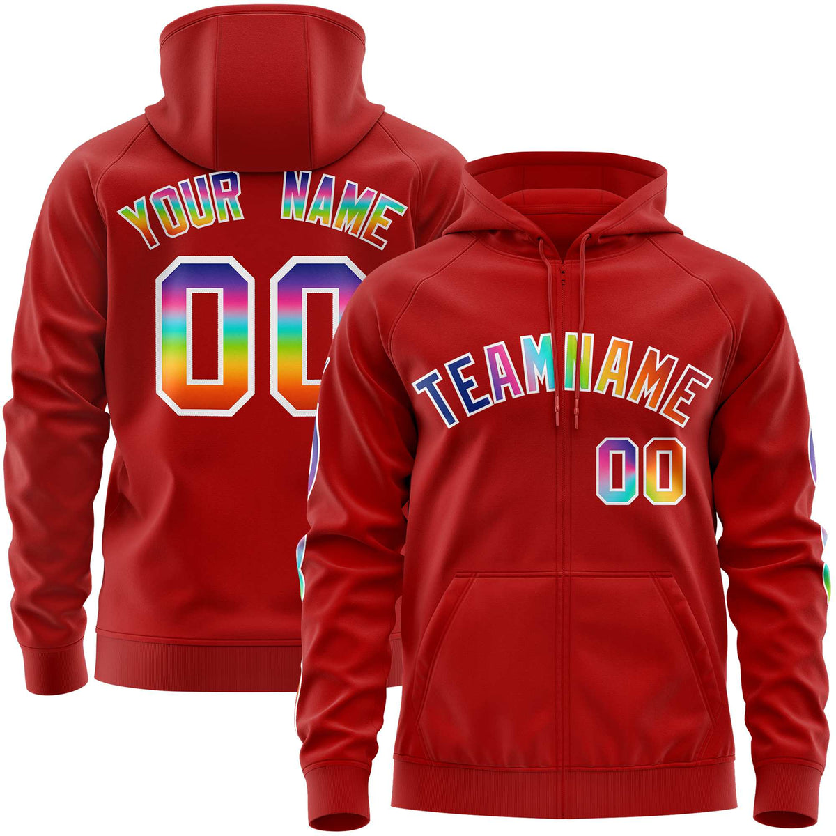 Custom Stitched Red White Sports Full-Zip Sweatshirt Hoodie with Colored Flames| KXKSHOP